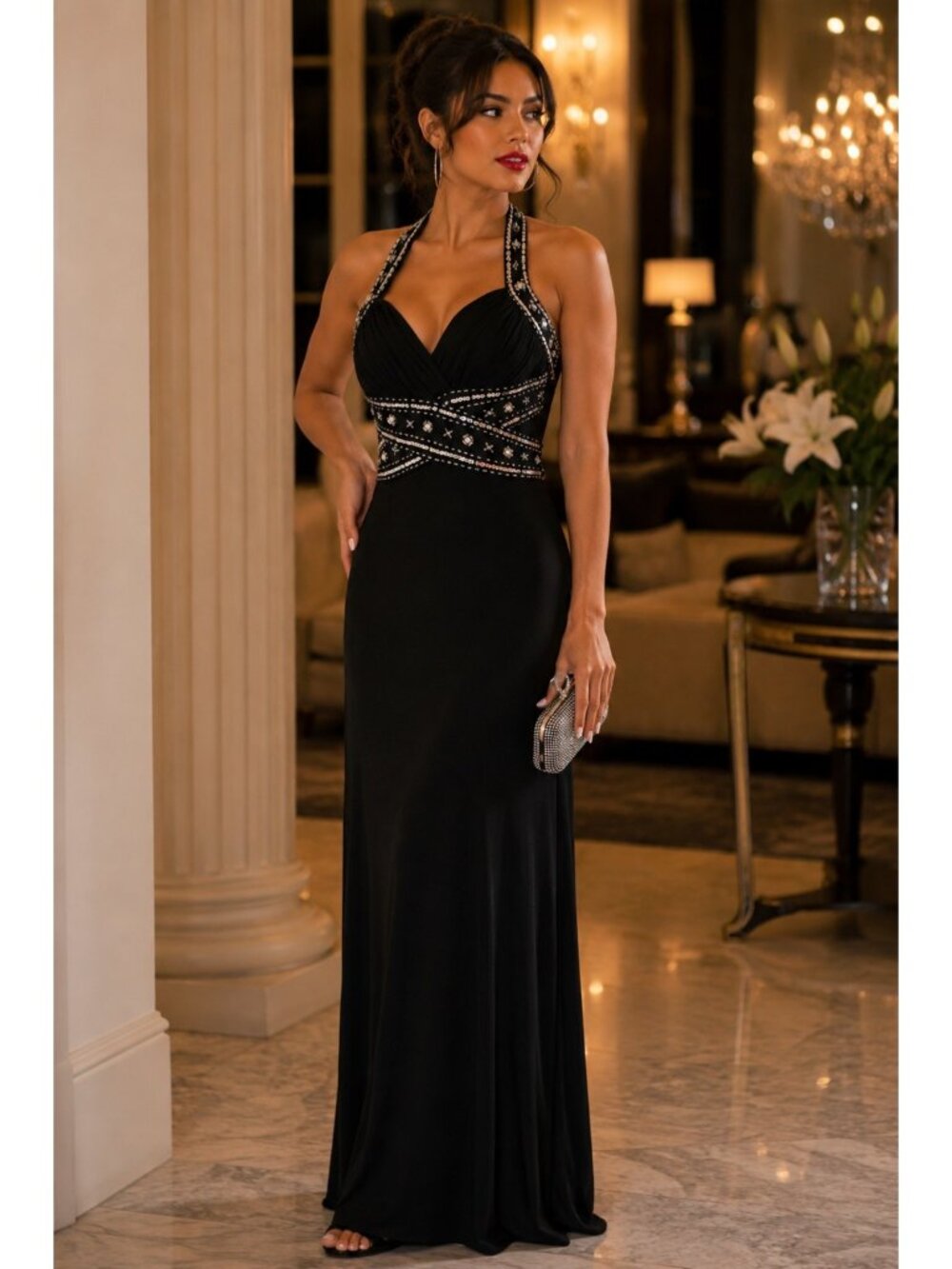 Morgan & Co Y2K Black Jeweled Halter Maxi Dress 13/14 NWT Open Back Formal